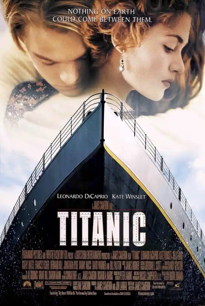 The image is the official movie poster for 'Titanic,' featuring a low-angle view of the ship's bow against a cloudy sky…