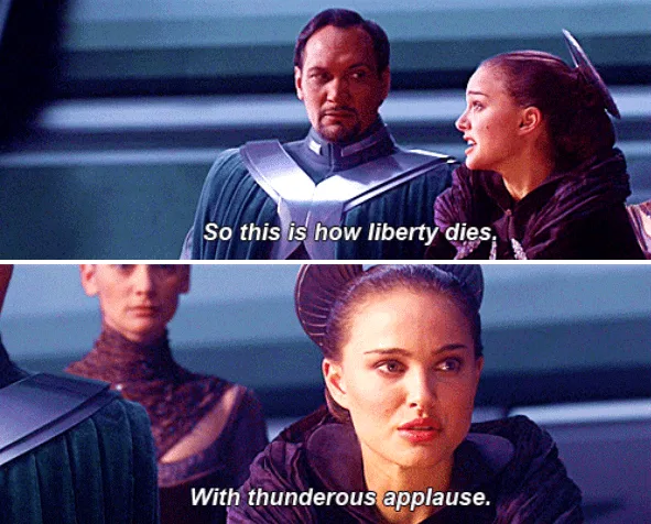 The image is a two-panel meme from the movie 'Star Wars: Episode II - Attack of the Clones'. The top panel shows a man and a…