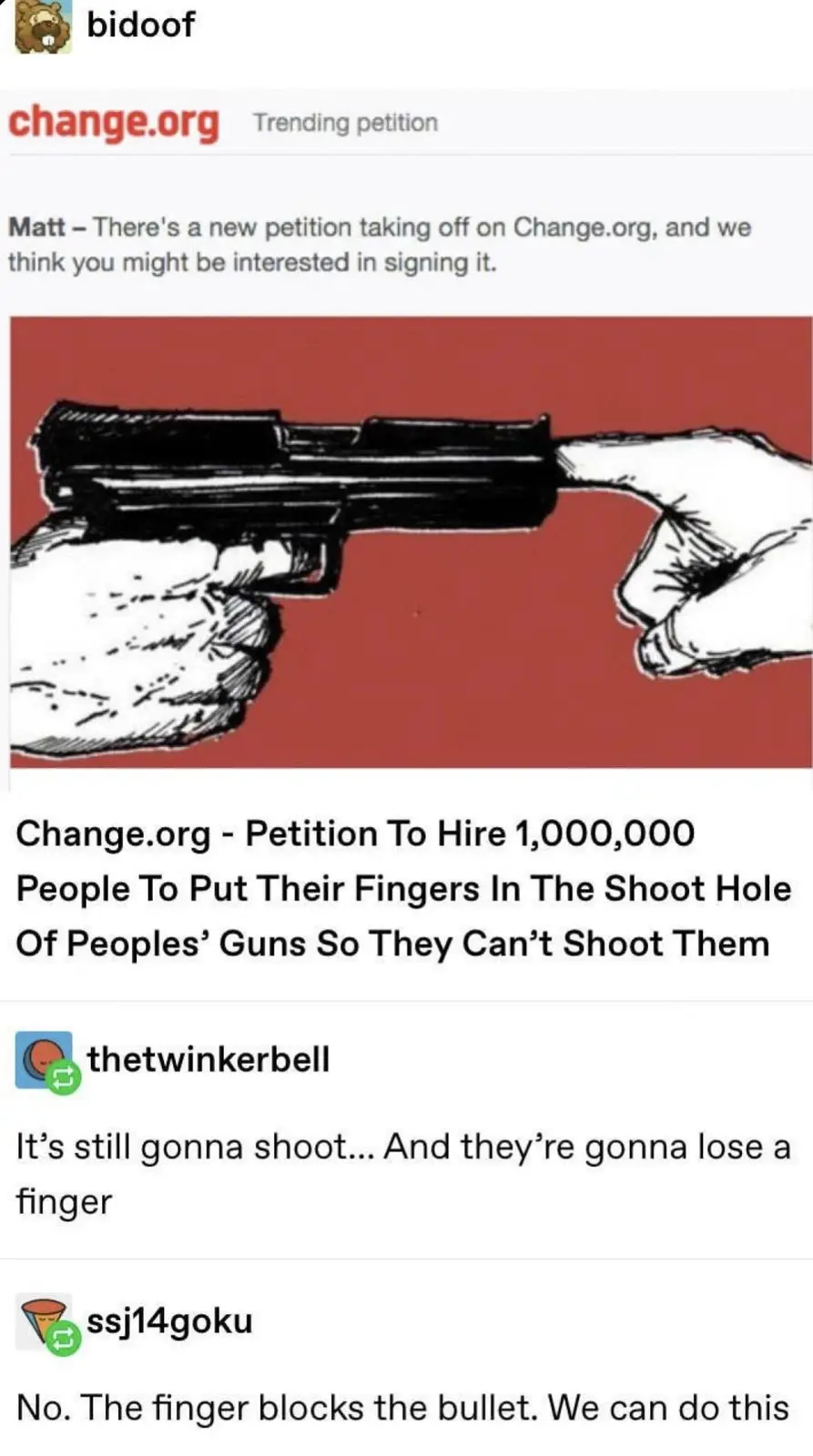 The image shows a screenshot of a Change.org petition page with a black-and-white illustration of a hand holding a handgun…