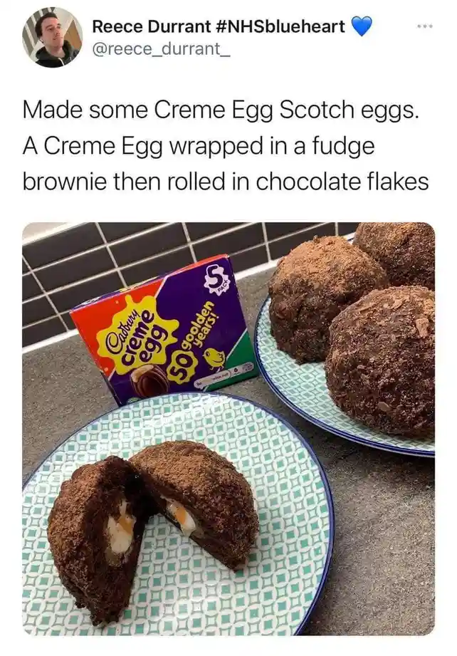 A social media post by Reece Durrant shows homemade treats: a Cadbury Creme Egg box sits beside plates holding round…