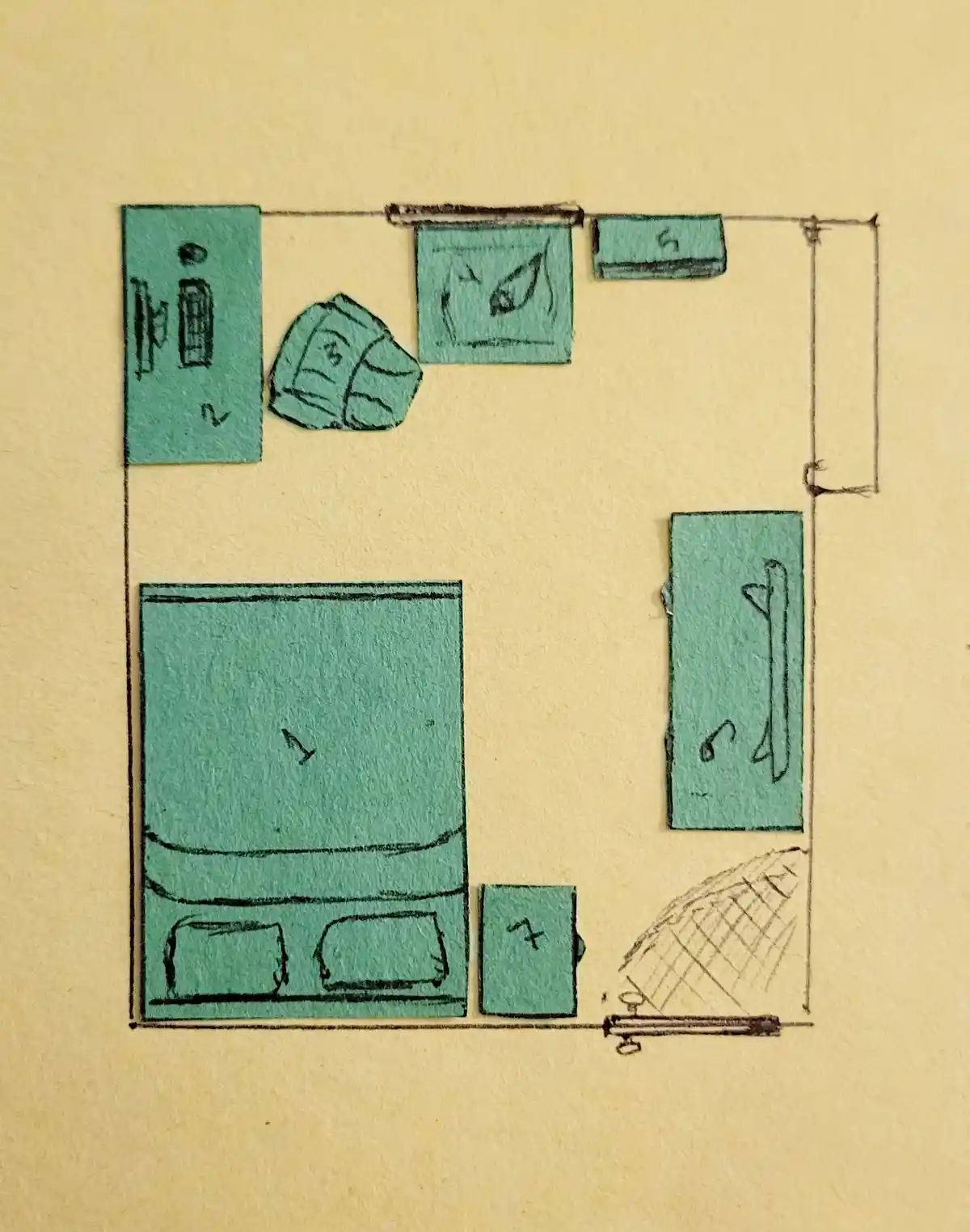 A hand-drawn, teal-colored diagram on beige paper shows a room layout with numbered items: a window (1), a sweater (2), a…