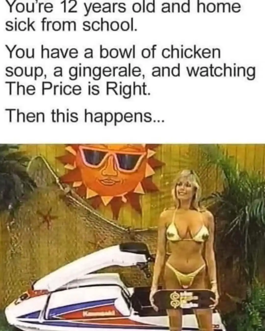 The image shows a woman in a bikini standing next to a jet ski, holding a skateboard with a dollar sign on it. Behind her is…
