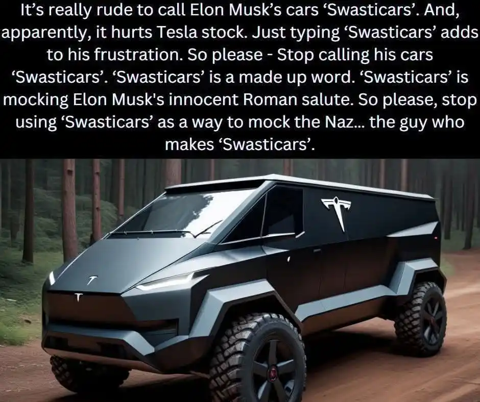 A black, angular, futuristic-looking Tesla vehicle with a prominent Tesla logo on the side and front, parked on a dirt road…
