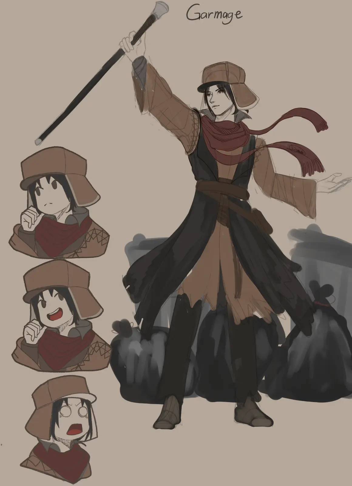 A character design sheet for 'Garmage' shows a full-body illustration of a person in a brown hat, red scarf, and layered…