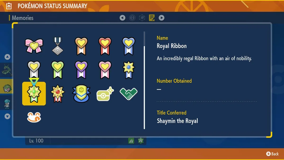 A screenshot from Pokémon Scarlet/Violet showing the 'Memories' menu with a 'Royal Ribbon' highlighted. The ribbon's…