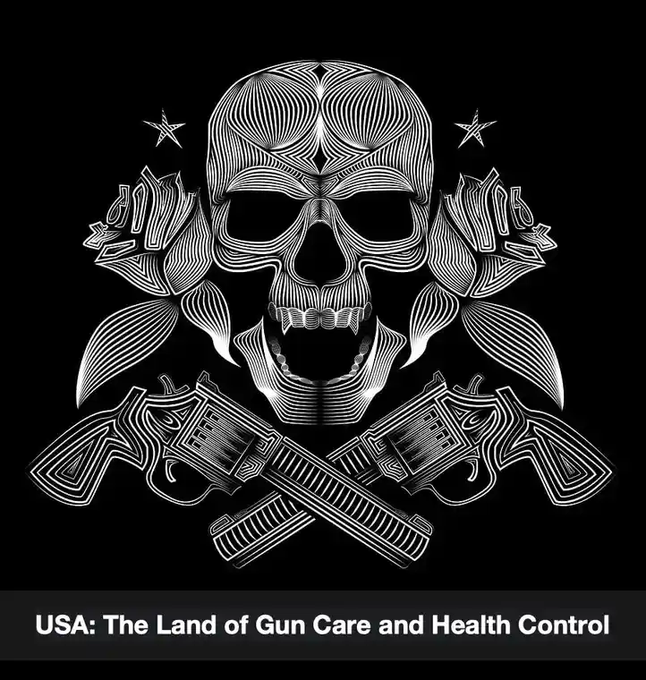 A black-and-white graphic features a stylized skull with roses on either side and two crossed pistols below it, all rendered…