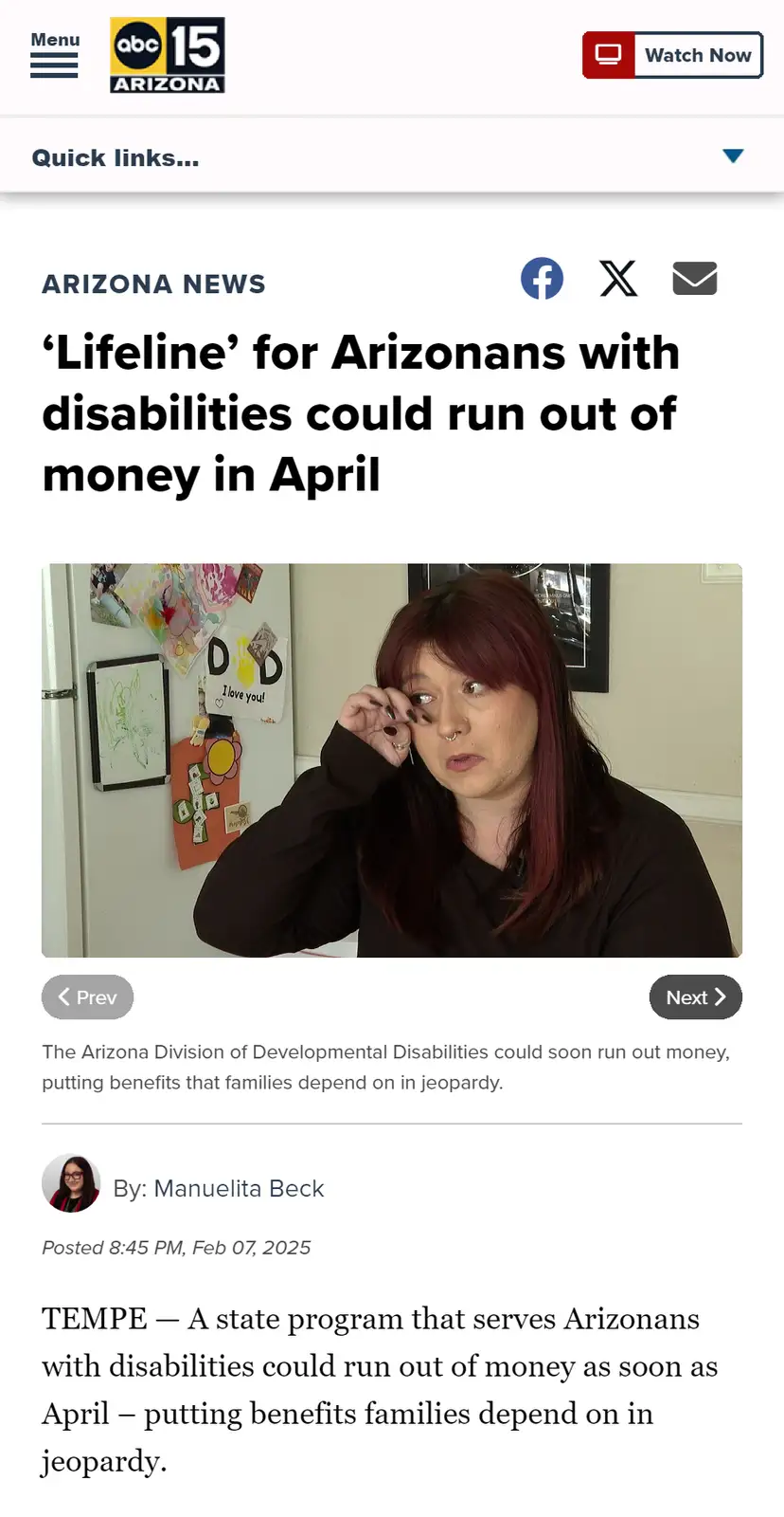 A screenshot of an ABC15 Arizona news article about a state program for disabled residents potentially running out of funds…