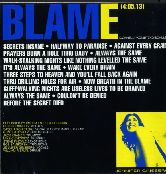 The image is the album cover for 'Blame' by Jennifer Ginsberg, featuring a yellow-tinted photo of her smiling on the right…