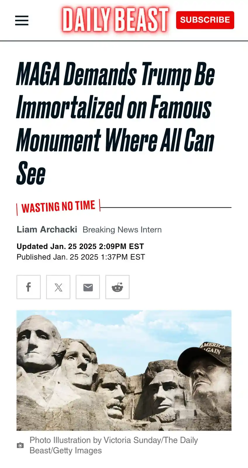 A satirical news article from The Daily Beast shows a manipulated image of Mount Rushmore with Donald Trump's face added as…