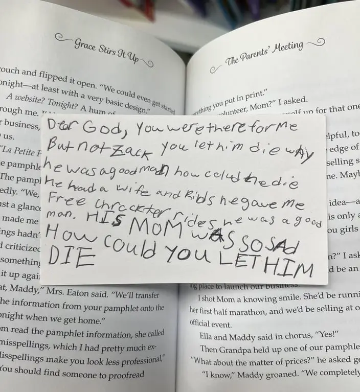 A handwritten note on a white sticky note is placed over an open book. The note reads: 'Dear God, You were there for me But…