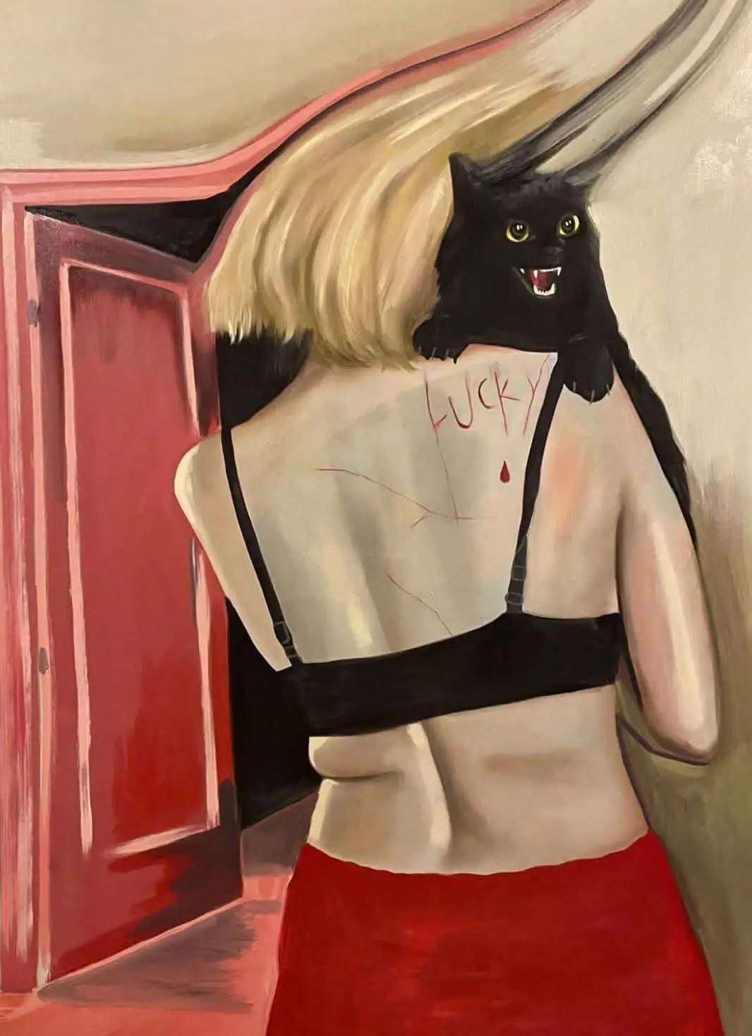 A painting depicts a blonde woman from behind, wearing a black bra and red skirt, with a black cat perched on her shoulders…