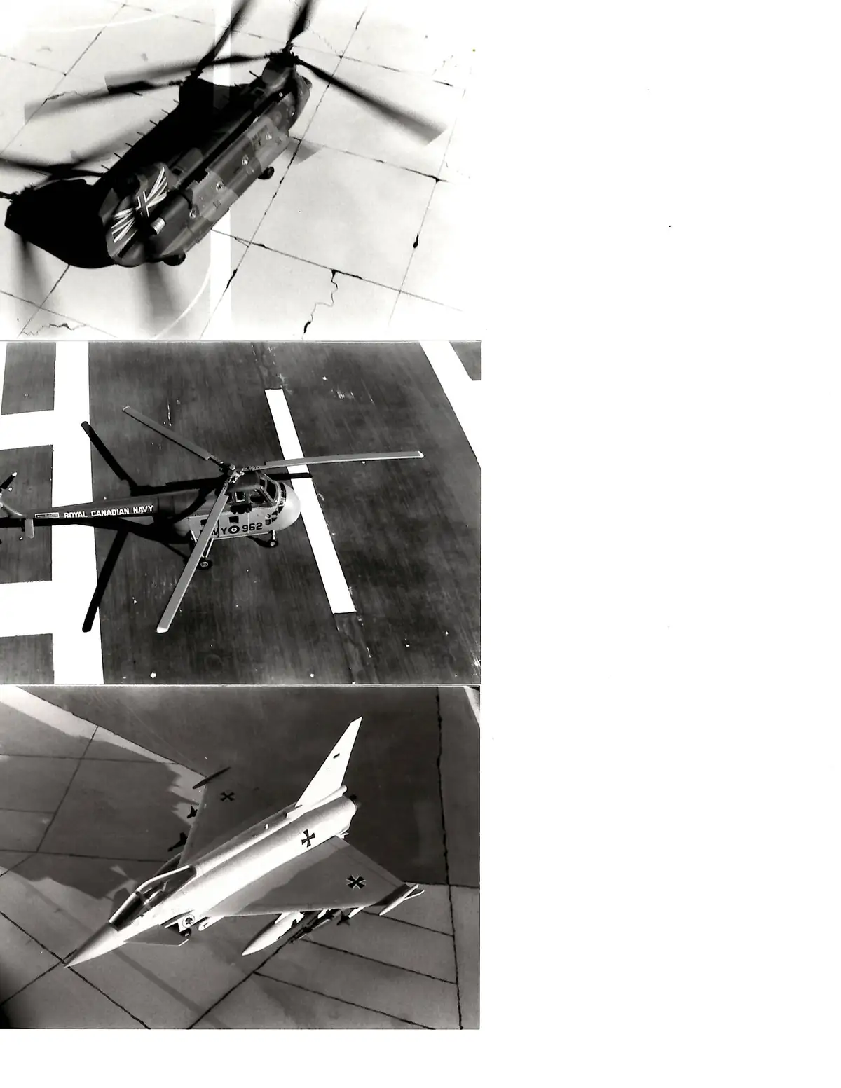 A black-and-white triptych shows three military aircraft from above: a large helicopter hovering over a tiled deck, a…