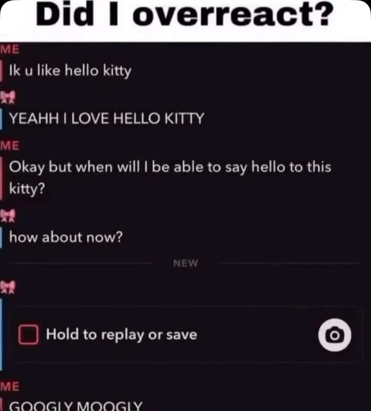 A screenshot of a dark-themed text chat shows a user asking if the other person likes Hello Kitty, who enthusiastically…