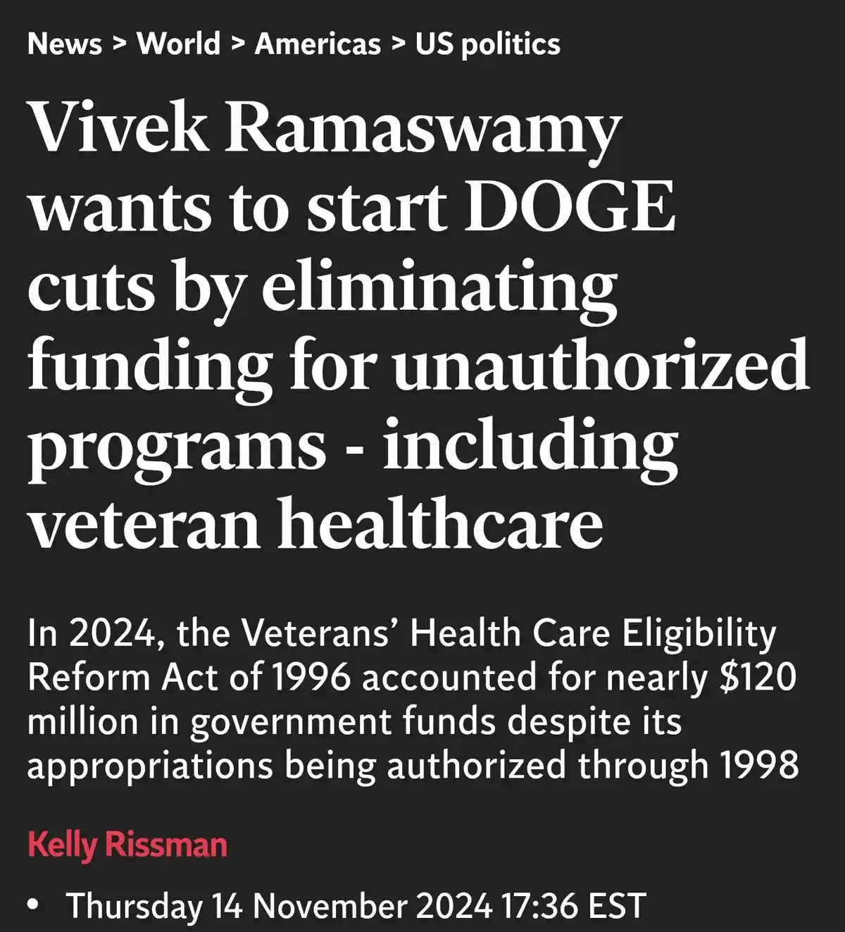 A screenshot of a news article with a black background and white text. The headline reads 'Vivek Ramaswamy wants to start…
