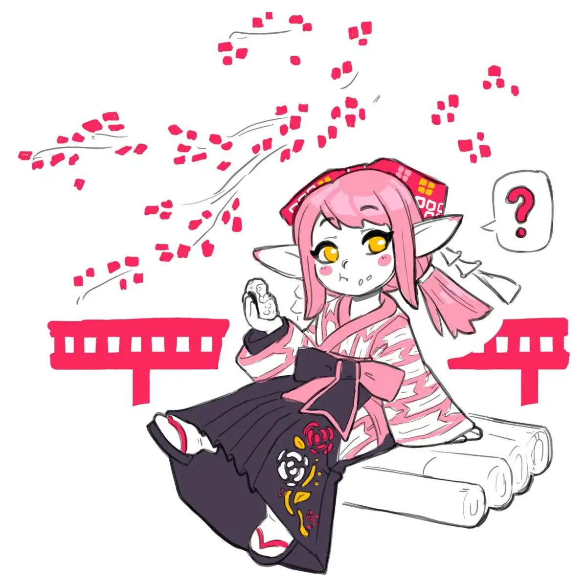 A pink-haired anime girl with elf ears, wearing a pink and white kimono with floral patterns and a red headband, sits on a…