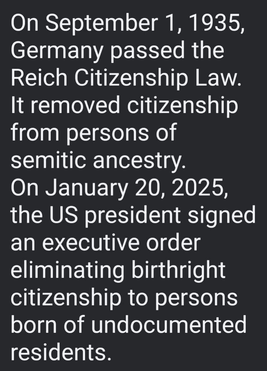 The image displays white text on a solid black background. The text details two historical events: Germany's 1935 Reich…