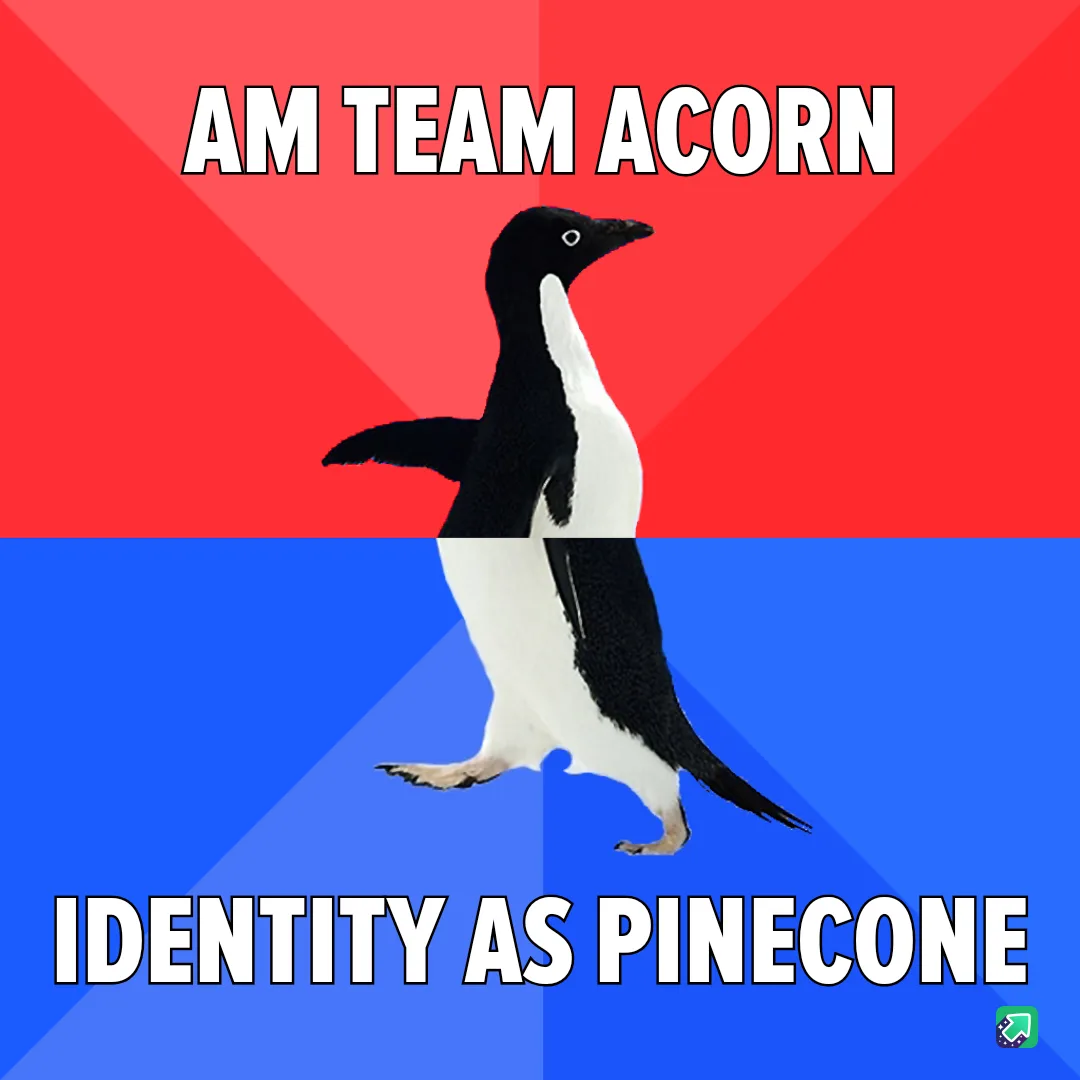 A penguin stands centered against a red and blue background split diagonally. White bold text at the top reads 'AM TEAM…