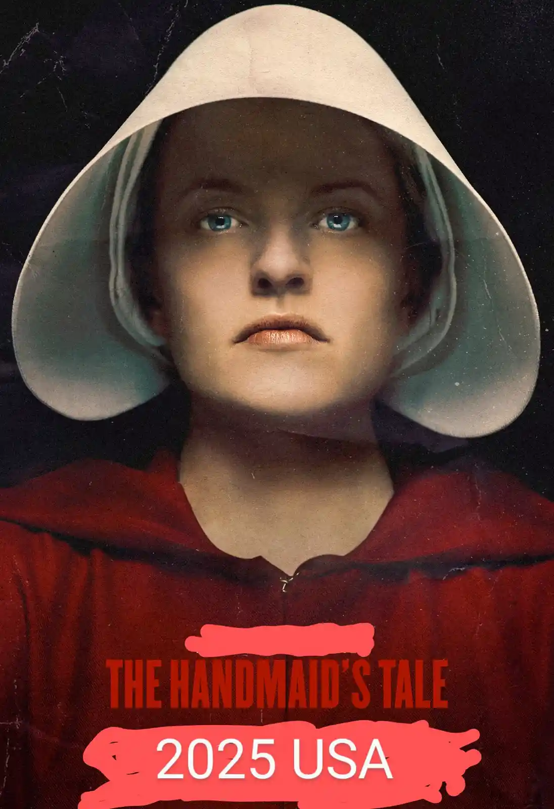 A promotional poster for 'The Handmaid's Tale' featuring a woman in a red robe and white bonnet, with the original title and…