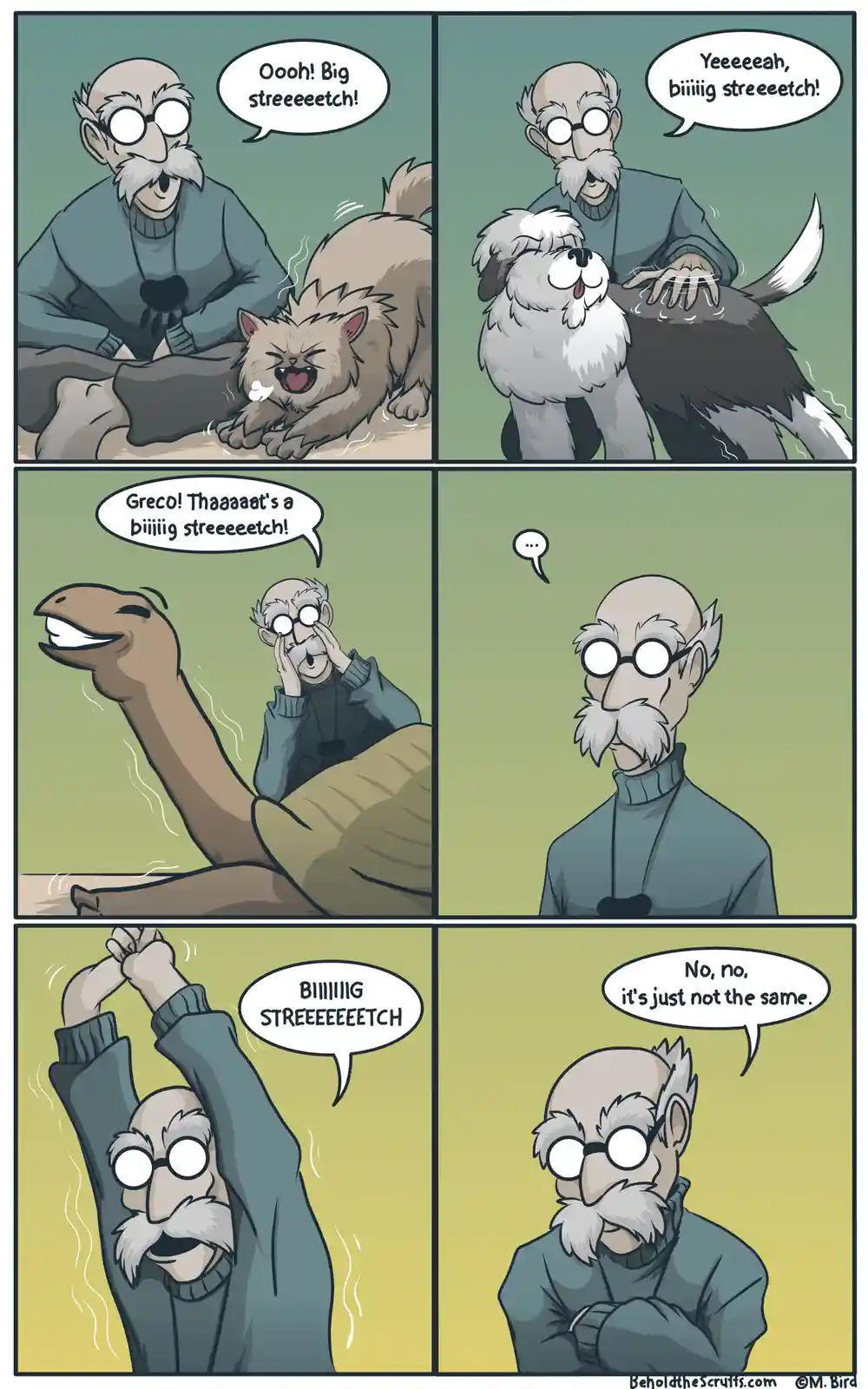 A comic strip shows an elderly man with glasses and a mustache enthusiastically reacting to various animals stretching. He…
