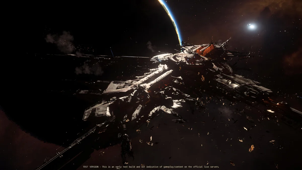 A massive, heavily damaged spaceship lies in orbit, surrounded by debris, with a planet and star visible in the background…