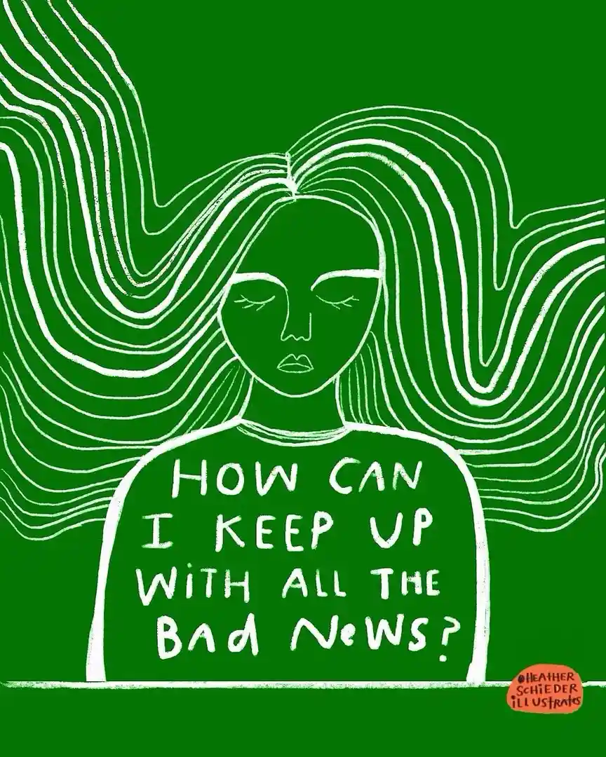 A green-toned illustration shows a person with long, flowing white lines representing hair, eyes closed, and a calm…