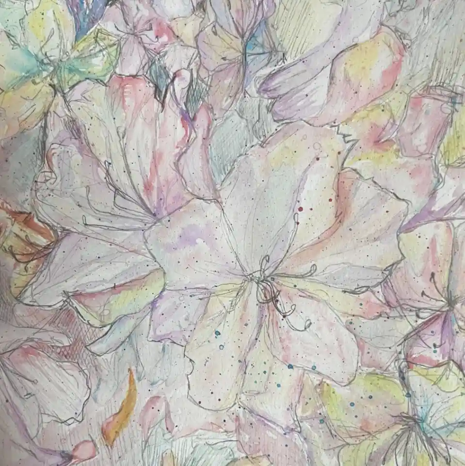 A watercolor and pencil illustration of overlapping, softly colored flowers in pastel pinks, yellows, and purples, with…