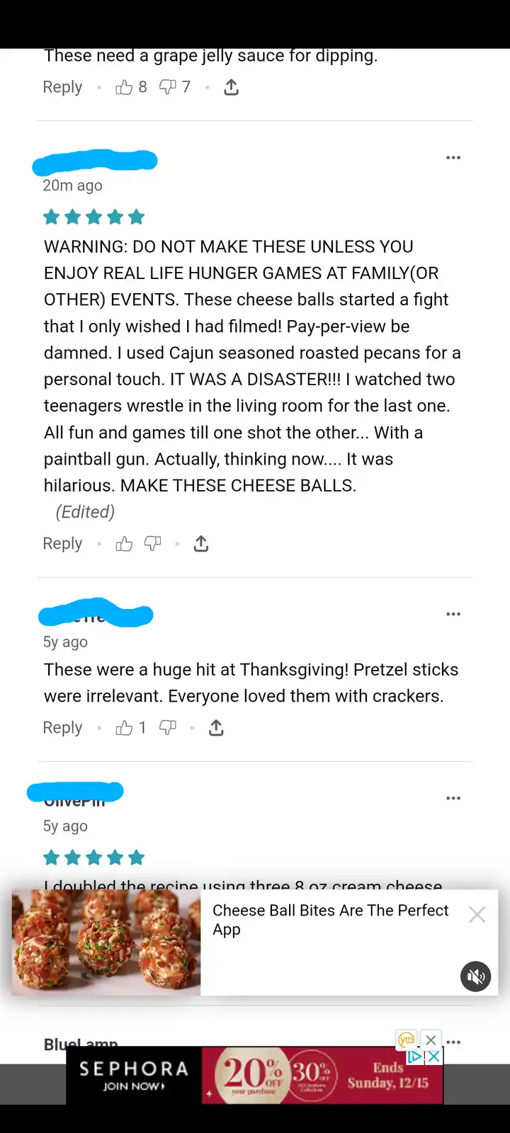A screenshot of a Reddit thread about cheese ball recipes, showing a comment that warns making them could lead to chaotic…