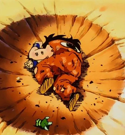 A cartoon image shows a young boy in an orange gi falling into a large hole, clutching a baby in his arms. The hole has…