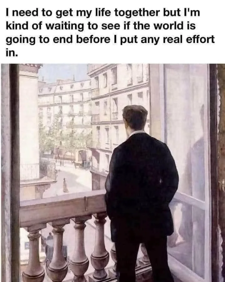 A painting depicts a man in a dark suit standing on a balcony, looking out at a European-style street with buildings and a…