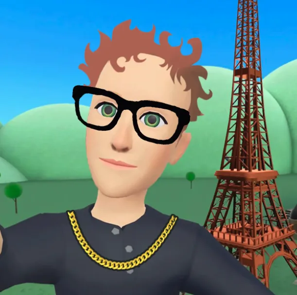A cartoon-style 3D avatar with spiky brown hair, thick black-rimmed glasses, and a gold chain necklace stands in front of a…
