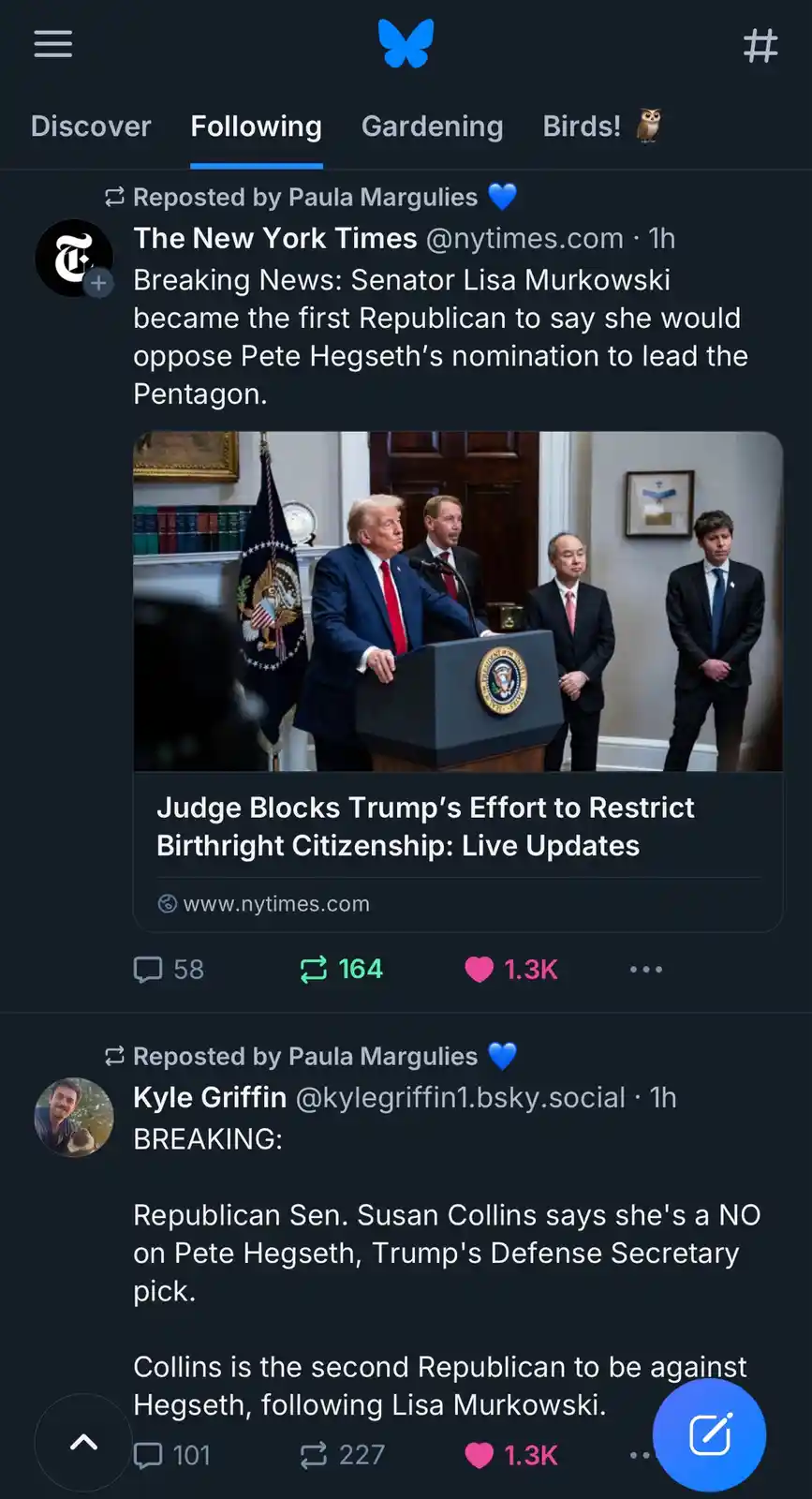 A screenshot of a social media feed showing two reposted news posts. The first, from The New York Times, reports that…