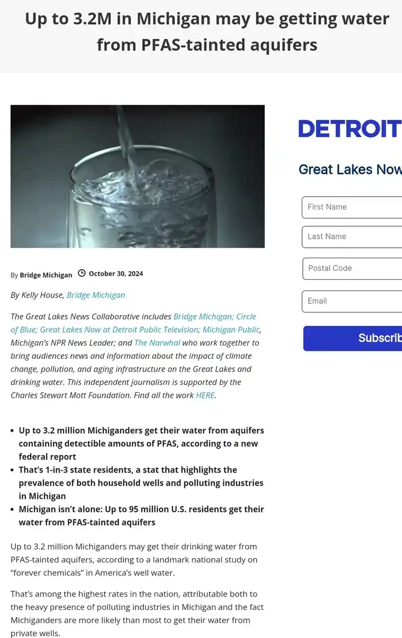 A screenshot of a news article from Bridge Michigan dated October 30, 2024, with a headline about PFAS-tainted water in…