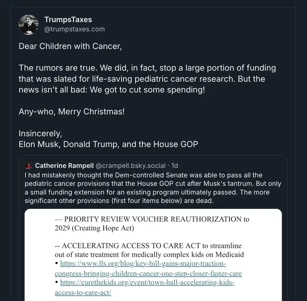 A screenshot of a fake tweet from 'TrumpsTaxes' addressed to 'Children with Cancer,' falsely claiming they cut pediatric…