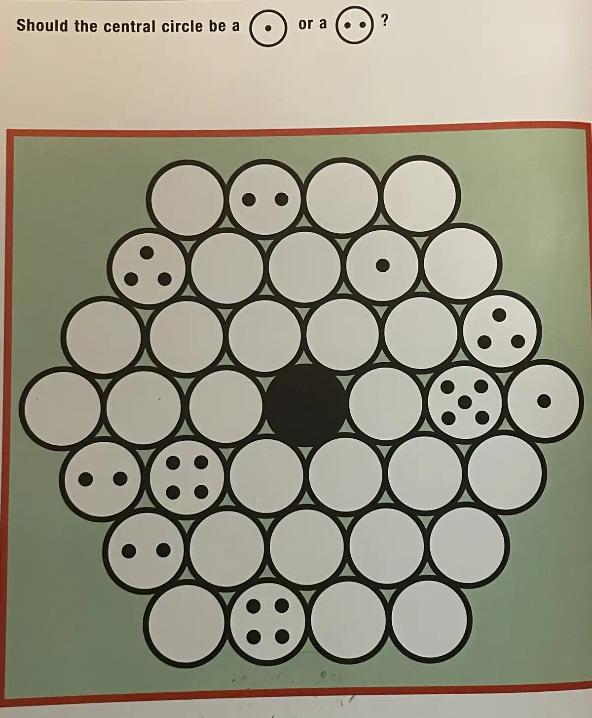The image displays a pattern of white circles arranged in a hexagonal grid on a green background, with some circles…