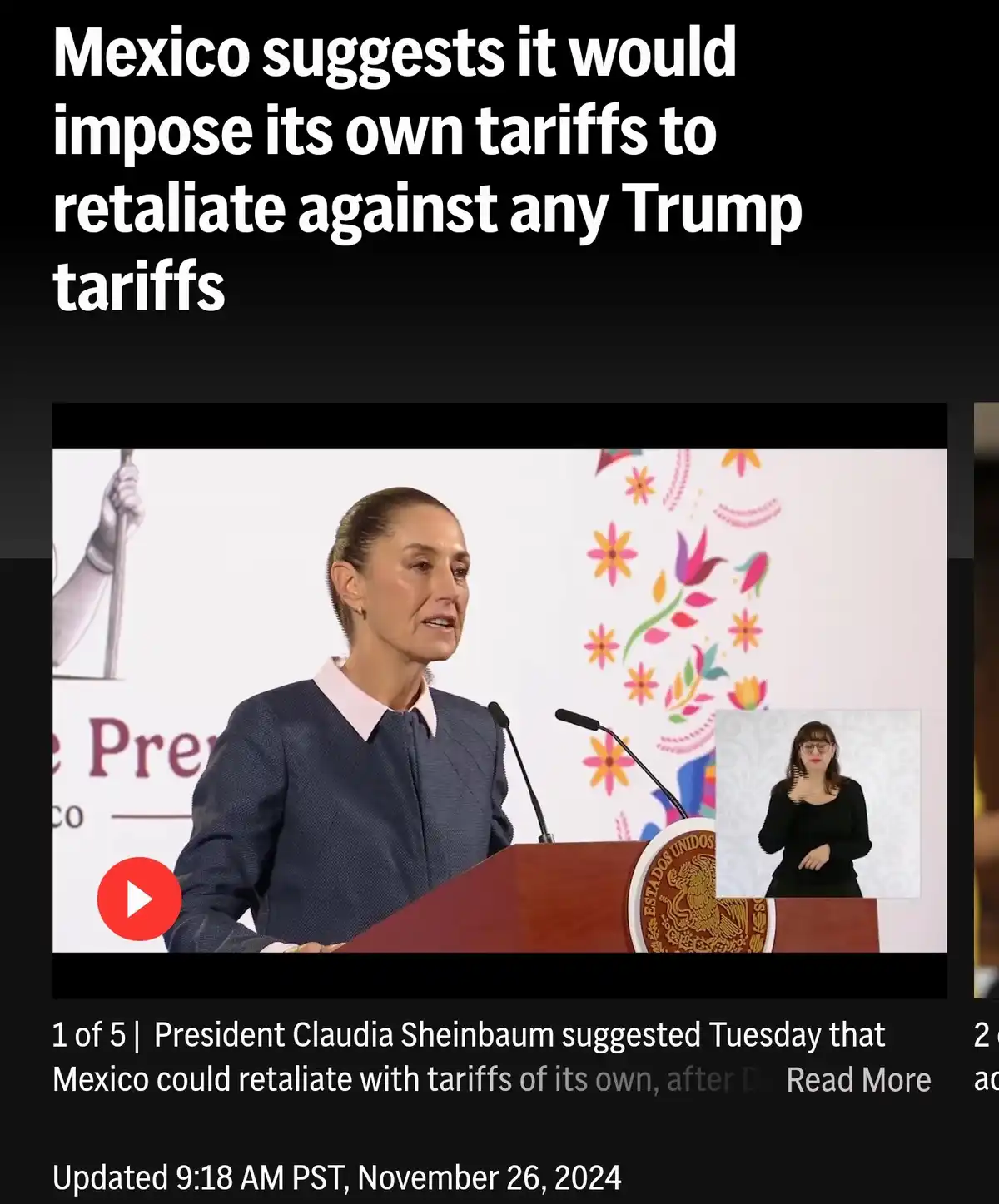 A screenshot of a news article shows President Claudia Sheinbaum speaking at a podium with the Mexican coat of arms, while a…