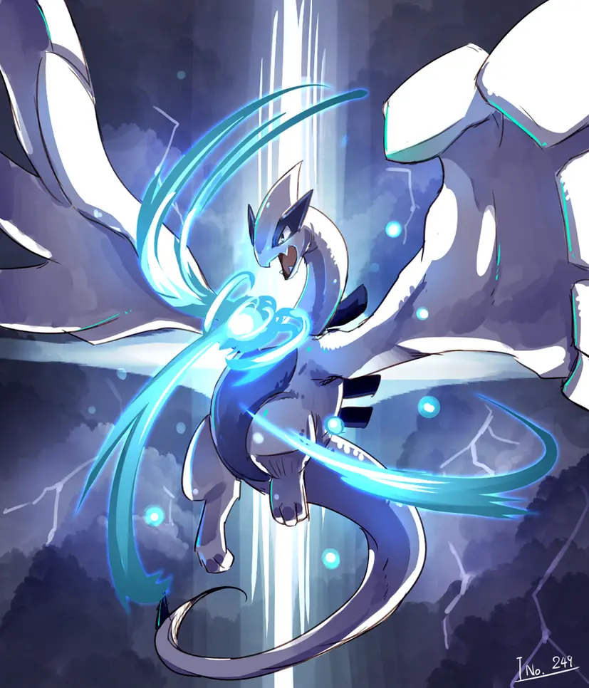 A blue and white dragon-like Pokémon with large wings and a long tail is depicted mid-air, surrounded by glowing blue energy…