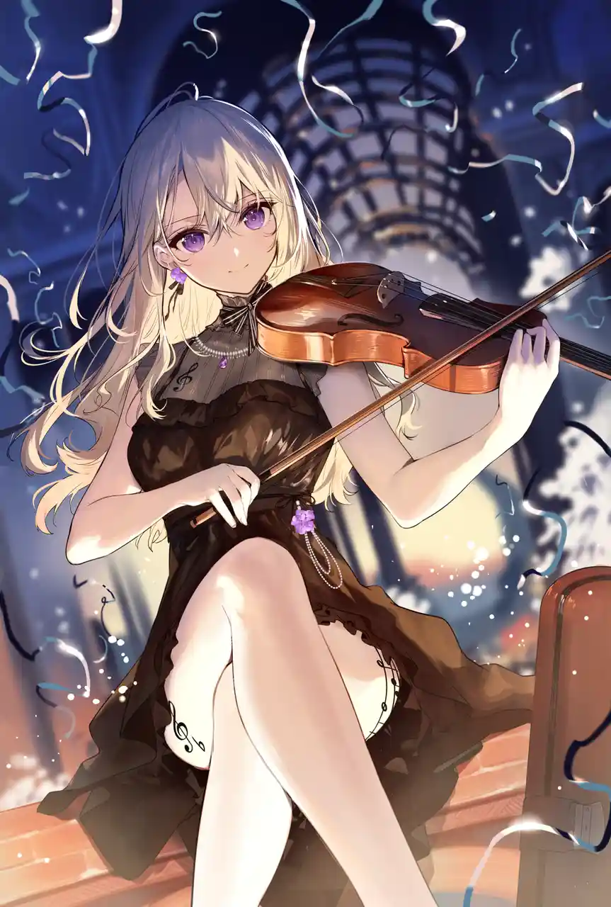 An anime-style illustration of a young woman with long blonde hair and purple eyes, wearing a dark dress with musical notes…