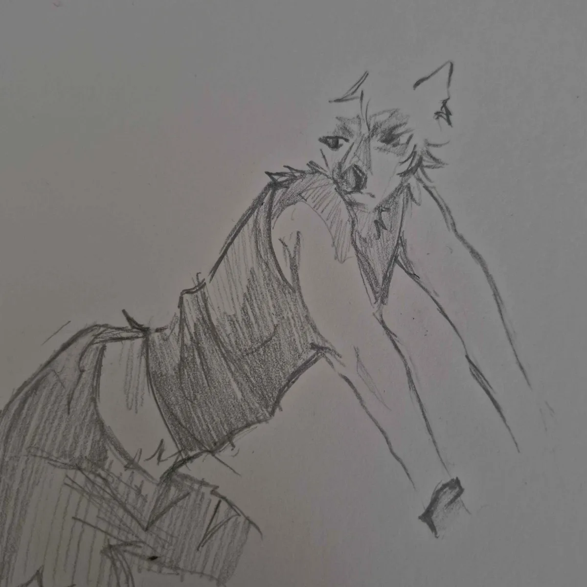 A rough pencil sketch depicts an anthropomorphic bat with pointed ears, a bat-like face, and large, textured wings, drawn in…