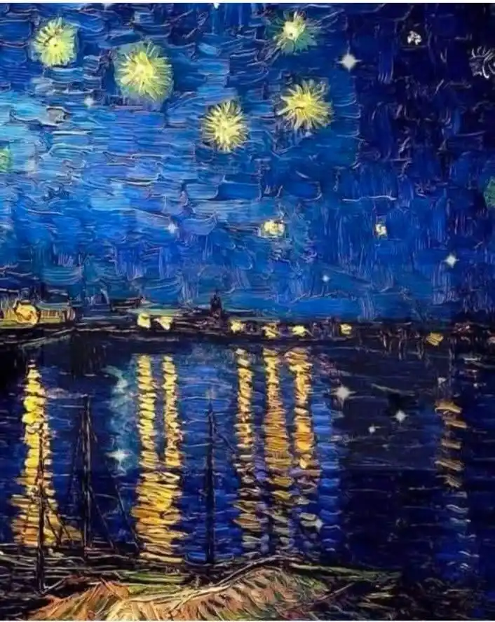 The image is a famous painting of a starry night over a body of water, with swirling blue skies, bright yellow stars, and…