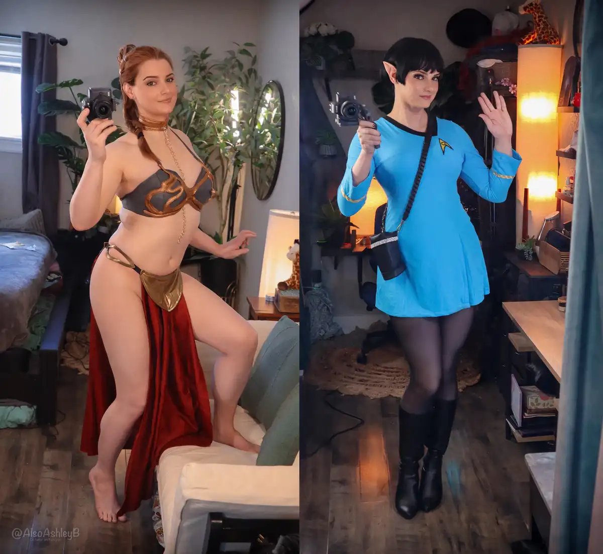 A split-screen image shows two women in cosplay taking mirror selfies. On the left, a woman in a revealing Queen Amidala…