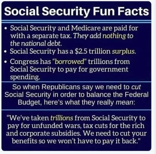 A dark blue infographic titled 'Social Security Fun Facts' lists three bullet points about Social Security and Medicare…