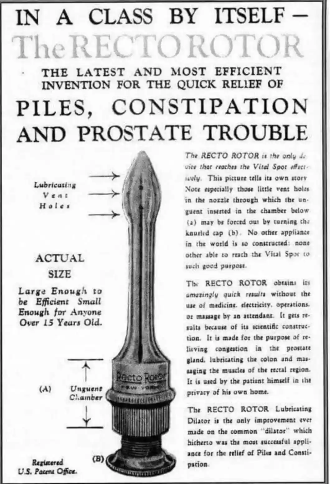 A vintage black-and-white advertisement for a medical device called the 'Recto Rotor,' which is depicted as a long, tapered…
