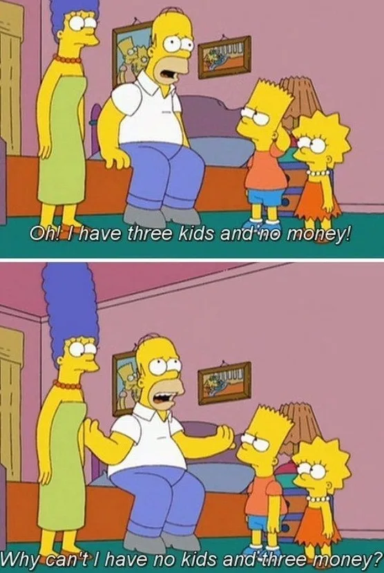 The image is a two-panel meme from The Simpsons. In the top panel, Homer Simpson sits on a couch looking shocked as Bart and…