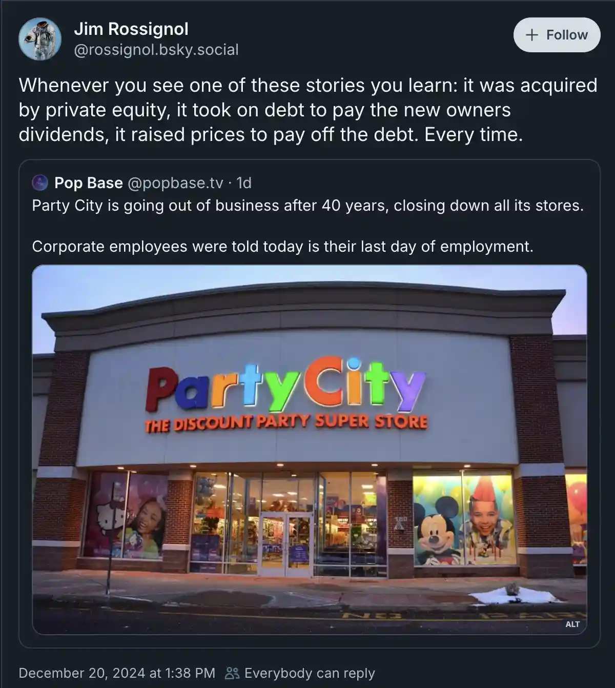 An exterior photo of a Party City store with its colorful, multi-colored logo and tagline visible above the entrance. The…