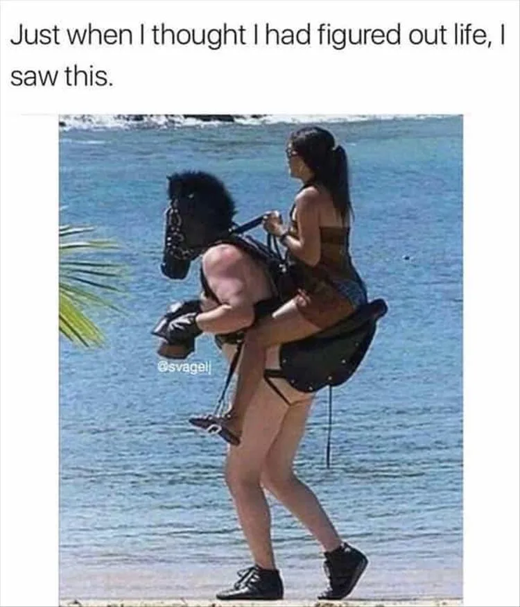 A man wearing a black horse head mask and carrying a woman on his back while walking on a beach. The woman is seated on a…