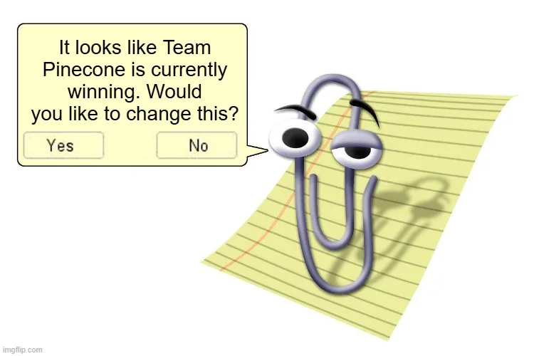 A cartoon paperclip with googly eyes and a smug expression sits on a yellow legal pad. A speech bubble above it asks, 'It…