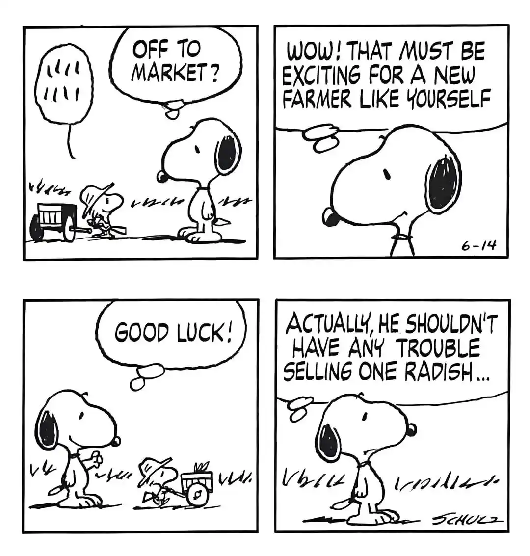 A four-panel Peanuts comic strip shows Snoopy watching a small character in a hat pull a cart with radishes. Snoopy first…