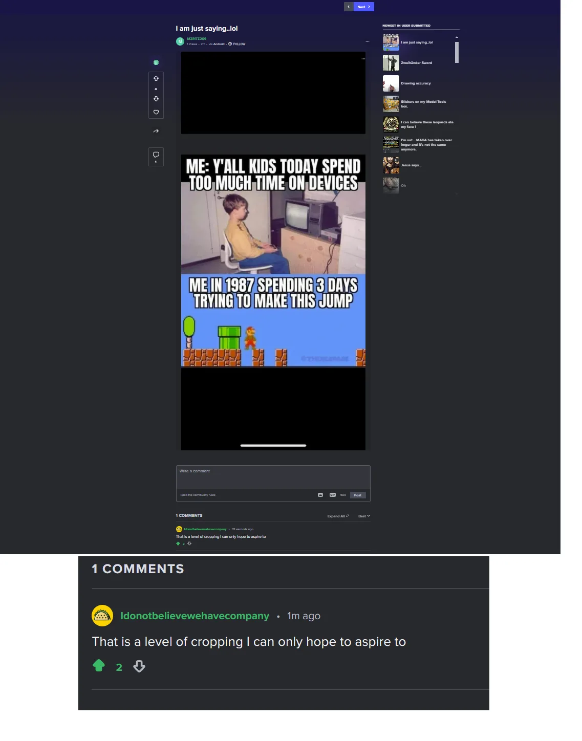 The image is a two-panel meme. The top panel shows a young boy in a yellow shirt sitting on a chair, focused on an old CRT…