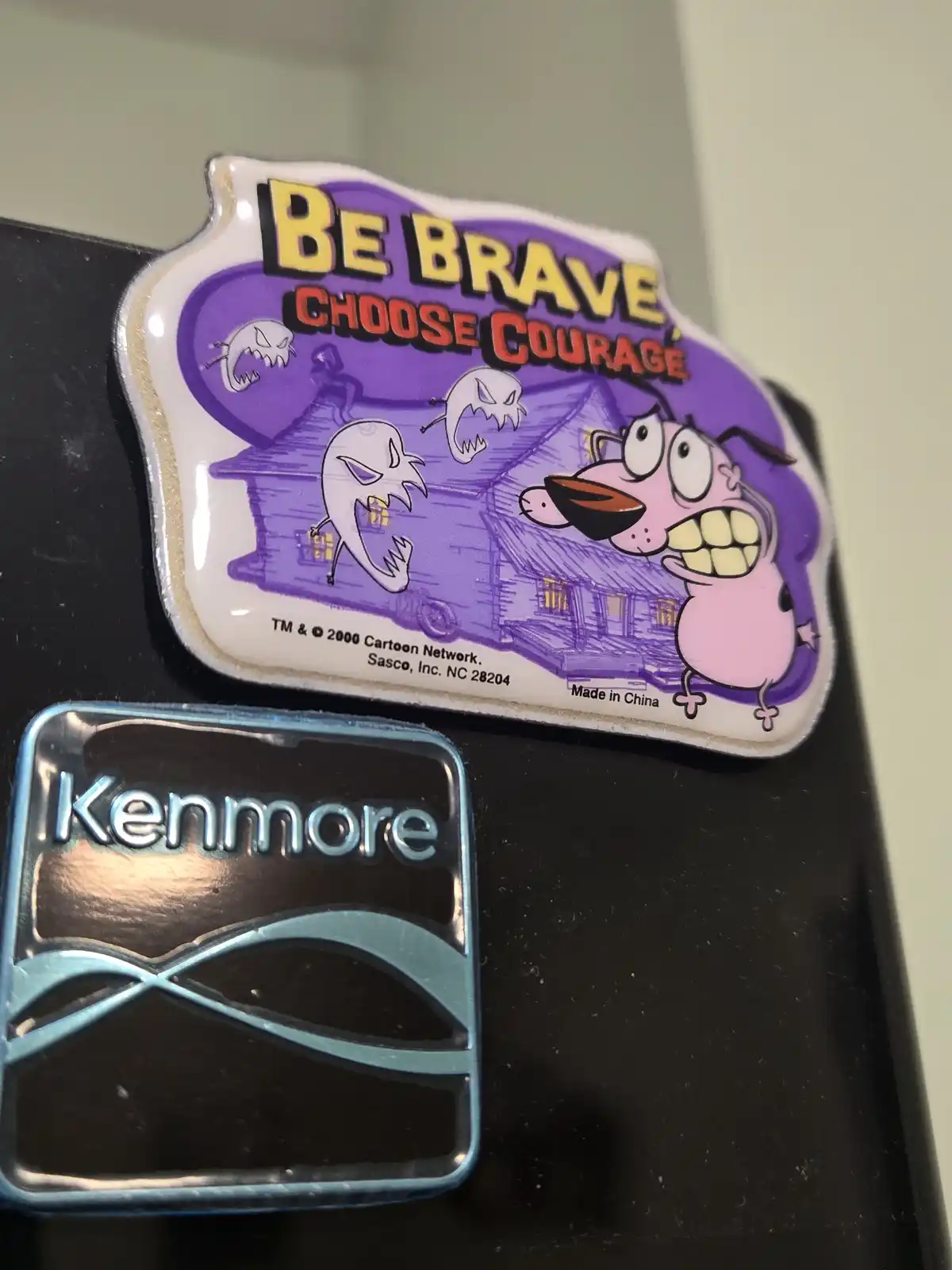 A cartoon magnet featuring Courage the Cowardly Dog standing bravely in front of a haunted house with ghosts, overlaid with…
