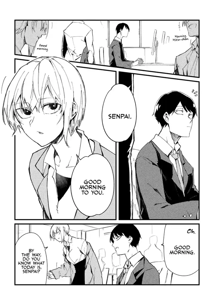 A black-and-white manga panel shows a young woman in a school uniform addressing a male senior, 'SENPAI,' with a polite…